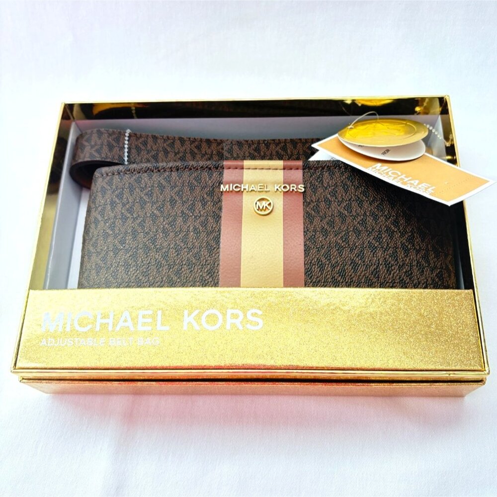 Michael‎ Kors Logo Adjustable L/XL Belt Bag w/ Stripe Brown NWT Gift Box